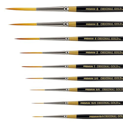 KINGART Original Gold 9050 Script Liner Series, Premium Golden Taklon Multimedia Artist Brushes, Sizes: 18/0, 10/0, 6/0, 2/0, 1, 2, 4, 6, 8, Set of 9