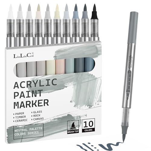 10 Pcs Neutral Tone Acrylic Paint Markers, Direct Liquid Paint Pens for Drawing, Brush Tip Acrylic Markers for Pumpkin, Christmas Art, Rock Painting, Wood, Canvas, Glass, Fabric, Egg, DIY Craft - color: 10 Neutral