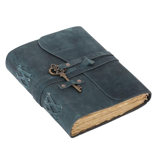 Leather Journal with Deckle Edge Paper 8x6 inch and Vintage Key | Handmade Writing Notebook Diary | Bound Daily Notepad for Men & Women Medium, Sketch/Writing pad for Artists - color: Blue, size: 8 x 6, style: Lined Deckle Paper