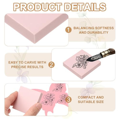 PATIKIL 4Pcs 2X2" Rubber Carving Blocks, Soft Linoleum Art Carving Block Square Crafts Stamp Making for Printmaking Stamps Carving Supplies, Pink - color: Pink