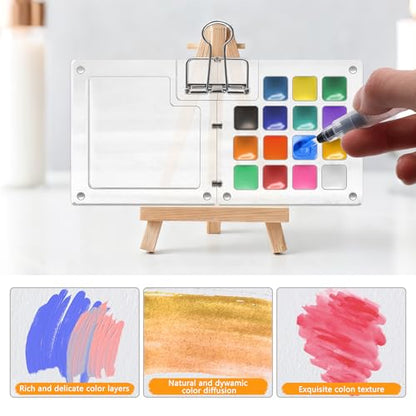 Pocket Watercolor Set 24 Vibrant Colors Travel Art Kit with Palette - color: 15 Grids with 24 Color Acrylic Palette