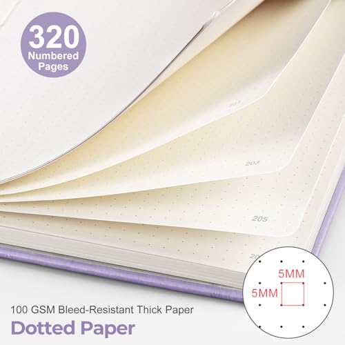 EMSHOI A5 Dotted Notebook Journal, 320 Pages 100gsm Thick Dotted Paper, Hardcover Leather Journal with Pen Holder & Inner Pocket, Dot Grid Notebook for Journaling, 5.75"x8.38", Light Purple - color: LightPurple, size: A5 Dotted