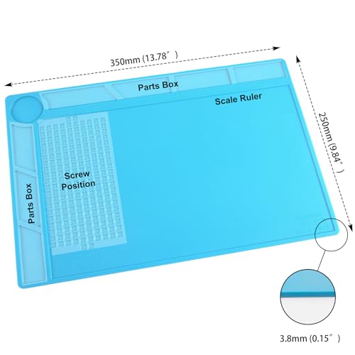 CPB Silicone Soldering Repair Mat, Heat Resistant Work Mat with Scale Rule and Screw Position for Soldering Iron, Electronics, Computer, Cellphone - 13.7" x 9.8"（Blue）