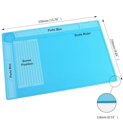 CPB Silicone Soldering Repair Mat, Heat Resistant Work Mat with Scale Rule and Screw Position for Soldering Iron, Electronics, Computer, Cellphone - 13.7" x 9.8"（Blue）