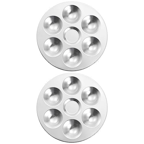 HARFINGTON 2pcs Aluminum Round Paint Mixing Pallet, 5.4" 6 Wells, Silver, for Acrylic Oil Watercolor Artist DIY Painting