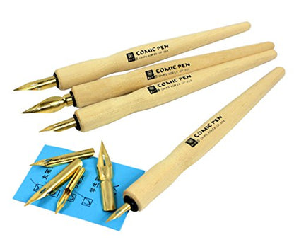 Comic Dip Pen Set, 4 Wooden Pen Handler Artist Cartoon Pen Set Calligraphy Dip Pens With 8 Nibs - Great for Manga/Comic/Calligraphy/Word Art/Pen-and-Ink Drawing