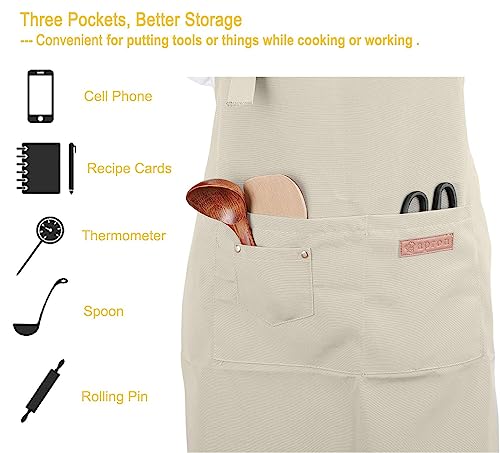 Kitchen Cooking Apron for Women Men with Big Pockets Canvas Waterproof Aprons for Server Pottery Artist Chef Apron - color: Off-white