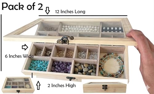 2 Pack Unfinished Wooden Jewelry Organizer Box with Glass Lid – 14 Compartment Bead & Craft Storage Case – DIY Paintable Wood Display Box for Jewelry, Gems, Supplies