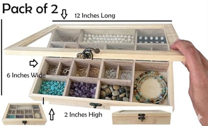 2 Pack Unfinished Wooden Jewelry Organizer Box with Glass Lid – 14 Compartment Bead & Craft Storage Case – DIY Paintable Wood Display Box for Jewelry, Gems, Supplies