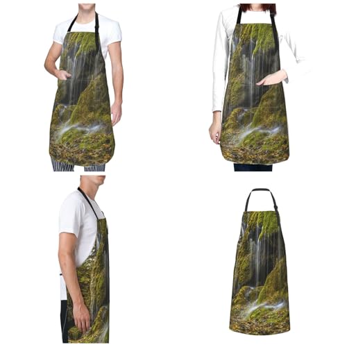 Waterfall On Mountain Waterproof Apron With Pockets For Adults-Adjustable Bib Apron For Cooking, Gardening, Painting,Housework