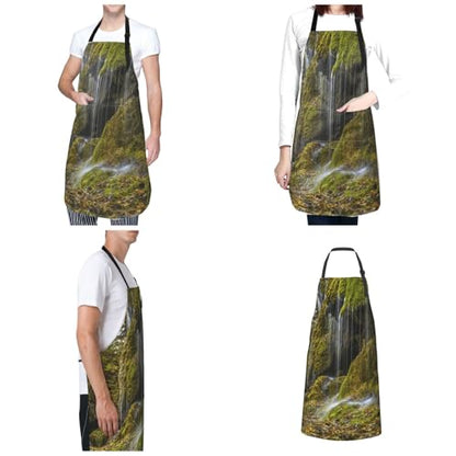 Waterfall On Mountain Waterproof Apron With Pockets For Adults-Adjustable Bib Apron For Cooking, Gardening, Painting,Housework