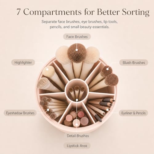 EACHY Makeup Brush Holder with Lid, 360° Rotating Vanity Organizer for Brushes, Dustproof Cosmetic Display Case, 7 Compartments, Waterproof Plastic (White) - color: White