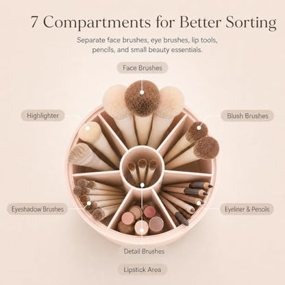 EACHY Makeup Brush Holder with Lid, 360° Rotating Vanity Organizer for Brushes, Dustproof Cosmetic Display Case, 7 Compartments, Waterproof Plastic (Pink) - color: Pink