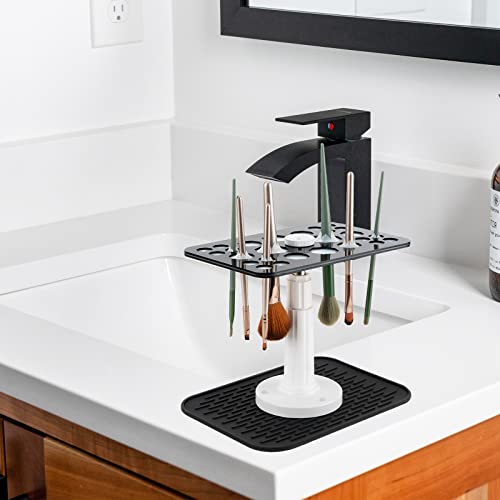 Makeup Brushes Drying Rack with Silicone Mat, 26 Holes Acrylic Brush Holder Stand Tree Tray, Adjustable Makeup Brush Holder - color: Black