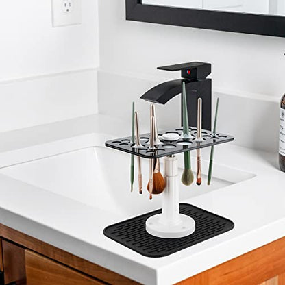Makeup Brushes Drying Rack with Silicone Mat, 26 Holes Acrylic Brush Holder Stand Tree Tray, Adjustable Makeup Brush Holder - color: Black