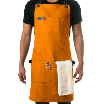 Asaya Chef and BBQ Apron with Bottle Opener and Hand Towel - 10oz Cotton Canvas, Stainless Steel Hardware - Cross Back Straps - color: Orange