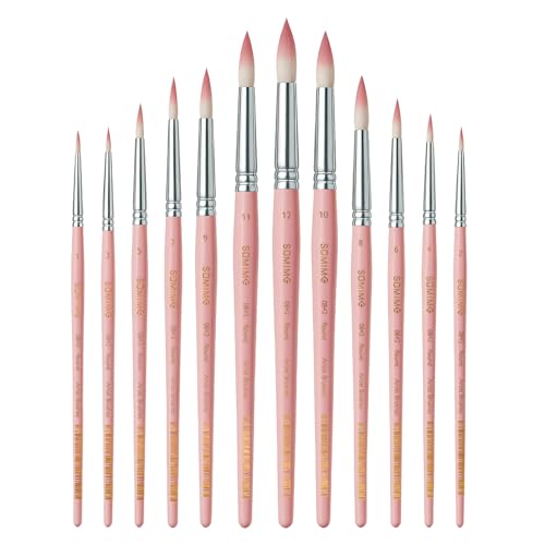 Professional Watercolor Paint Brush Set, 12 Pcs Round Artist Paint Brushes for Watercolor, Oil, Gouache and Acrylic Painting, Pink Handle - color: Pink, size: Round