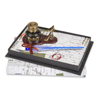 Nostalgic Impressions Glass Dip Pen and Ink Desk Set – Oval Wood Stand with Bronze Holder and Glass Inkwell – Hand-Blown Murano Style Calligraphy Pen with 40ml Black Ink -Blue Shimmer N3600BXSTMUBL