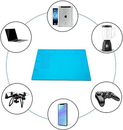 CPB Silicone Soldering Repair Mat, Heat Resistant Work Mat with Scale Rule and Screw Position for Soldering Iron, Electronics, Computer, Cellphone - 13.7" x 9.8"（Blue）