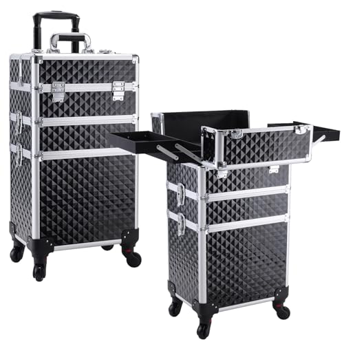 FRENESSA 3 in 1 Rolling Makeup Case Cosmetology Case on Wheel Vintage Black | Cosmetic Trolley Large Storage with Keys 360° Swivel Salon Barber Case Traveling Cart Trunk for Artist Hairstylists Nail Tech - color: Black Vintage