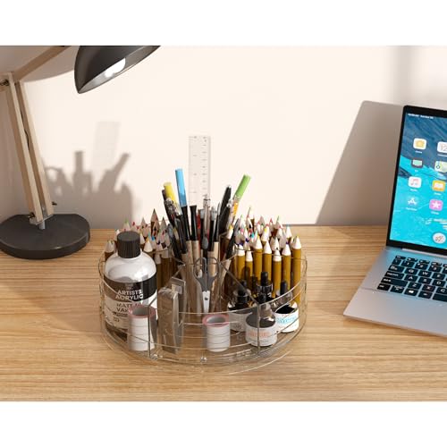 CraftGenes 2 Packs Pen Organizer for Desk - Acrylic Pen Holder with Hand Grips, 360° Extra Large Rotating Desk Organizer with 7 Removable Compartments for Office, Home, and Makeup Storage - size: 2 Packs