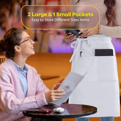 ROTANET Long Server Apron Black with 3 Pockets Bistro Half Aprons for Men Women Waiter Waitress Chef 28 Inch Waterproof - color: White