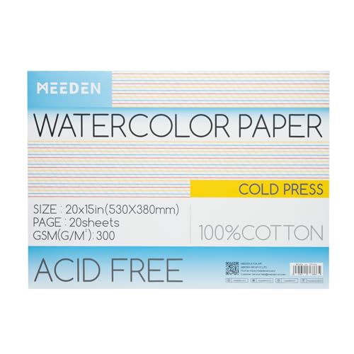 MEEDEN Watercolor Paper Block - 100% Cotton Watercolor Paper Pad of 20 Sheets, 140lb/300gsm, Acid-Free Art Paper for Watercolor, Gouache, Ink and More, 21" x 15" Cold Press - color: Cold Press, size: 21×15"
