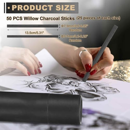 MECCANIXITY 50Pcs Willow Charcoal Sticks, 5-7mm / 7-9mm Willow Charcoal Pencils Soft Sketch Vine Art Supplies Set for Drawing Sketching Shading Painting Artists