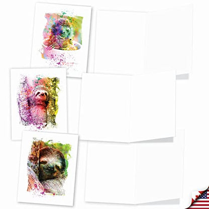 The Best Card Company Animal Assorted Watercolor Blank Greeting Card Box Set - Incl. 10Unique Notecards Designs + Envelopes, Thank You, Invitations- Funky Rainbow Sloth AM6866OCB-B1x10 - style: Funky Rainbow Sloth