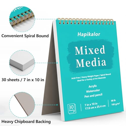 Sketch Book Mixed Media Pad - 7" x 10" Top Spiral Bound Sketch Pad, 30 Sheets 98lb/160gsm Acid-Free Drawing Paper, Art Supplies Sketchbook for Drawing, Sketching - size: 7" x 10"