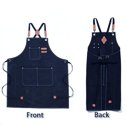 Multi-Pocket Waterproof Oil-Proof Canvas Cotton Apron Cross-Back Adjustable Straps For Chefs Barbers Carpenters - color: Blue
