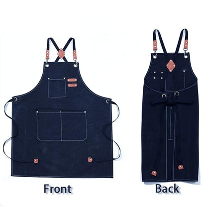 Multi-Pocket Waterproof Oil-Proof Canvas Cotton Apron Cross-Back Adjustable Straps For Chefs Barbers Carpenters - color: Blue