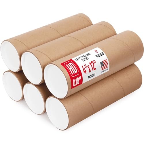 4" x 12" Heavy Duty Reinforced Kraft Paper Mailing Tube, Pack of 6 Tubes with 12 Caps – Secure USPS Approved Poster Tube – Made in USA Cardboard Tube for Shipping and Storing Posters, Prints, Artwork - size: 4" x 12", style: 2X Heavy-Duty