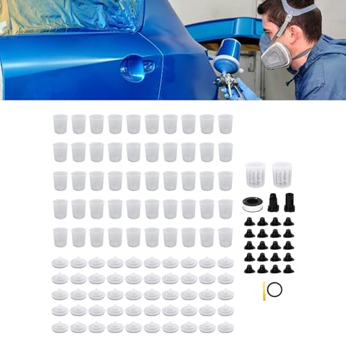 CHICIRIS Disposable Paint Cup Kit 600ml 20 Ounce, with 50 Inner Cups 50 Lid Covers 2 Outer Cups Seal Ring 20 Sealing Plugs 2 Spray Gun Adapters PTFE Tape Mixing Stick, for Automotive