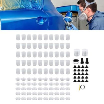 CHICIRIS Disposable Paint Cup Kit 600ml 20 Ounce, with 50 Inner Cups 50 Lid Covers 2 Outer Cups Seal Ring 20 Sealing Plugs 2 Spray Gun Adapters PTFE Tape Mixing Stick, for Automotive