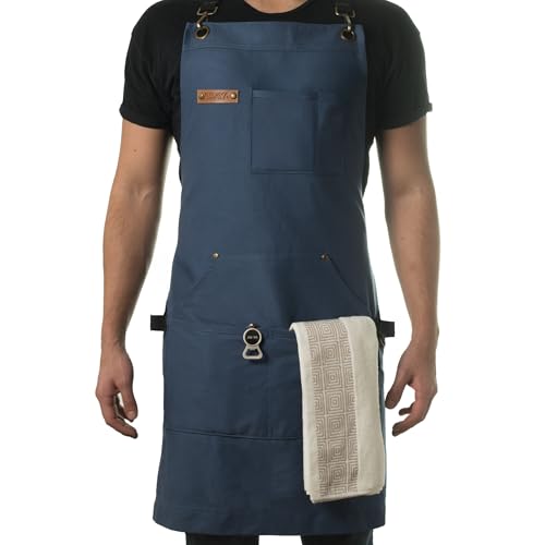Asaya Chef and BBQ Apron with Bottle Opener and Hand Towel - 10oz Cotton Canvas, Stainless Steel Hardware - Cross Back Straps - color: Blue