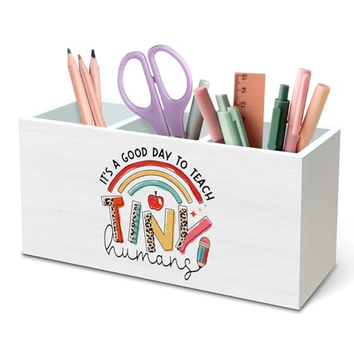 DILSJ Rainbow Teachers Day Gift Pen Pencil Holder Organizer for Desk, It's a Good Day to Teach Tiny Humans, Teacher Must Haves Elementary Wooden Box Signs for New Teacher Desk Tabletop Decoration - color: Leopard print