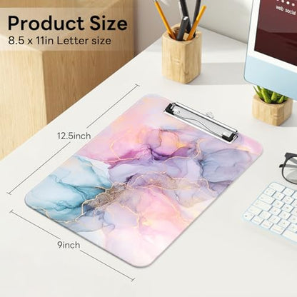 Plastic Cute Clipboard Low-Profile Metal Clip, A4 Letter Size 9 x 12.5 in, 8.5 x 11 Paper Clip Board for Teachers, Nurses, Classroom,Pink Dream Marble - color: Pink Dream Marble