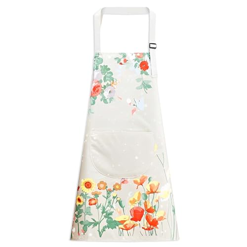 Floral Aprons with Pocket Blooming Women Waterproof Apron Adjustable Neck Long Ties Women Men Cook Baking Garden - color: Butterfly Beige
