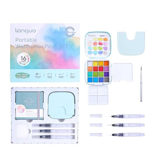 Mini Watercolor Paint Set 16 Colors, Pocket Travel Art Kit with Watercolor Paint, Water Brush Pens, Palette, Watercolor Book, Sponge, Bottle, for Artists, Beginner Art Supplies - Macaron Color - color: Macaron Color