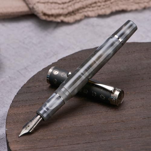 Hongdian N8S Gray Resin Fountain Pen Rabbit Pattern Cap, Iridium Medium Nib with Converter and Metal Pen Case Set - color: N8S Gray, style: Medium Point