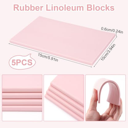 Jieting 18 PCS Linoleum Blocks for Printmaking, 4 x 6 Inch 1/4 Inch Thick Pink Rubber Carving Blocks for Stamp Carving with 12 Carving Pens and Ink Brayer Roller for DIY Linocut Art Projects