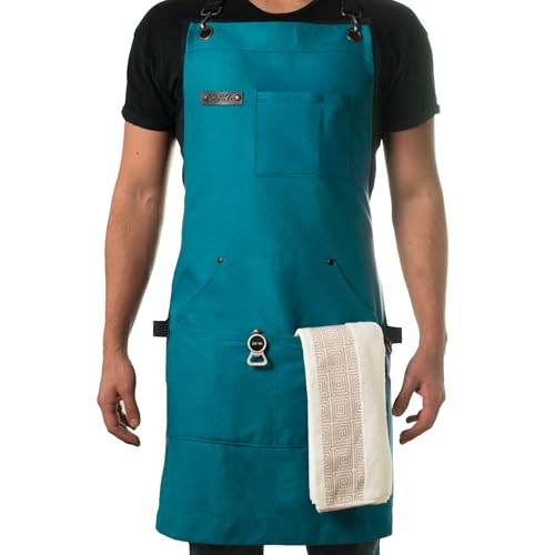 Asaya Chef and BBQ Apron with Bottle Opener and Hand Towel - 10oz Cotton Canvas, Stainless Steel Hardware - Cross Back Straps - color: Blue-green
