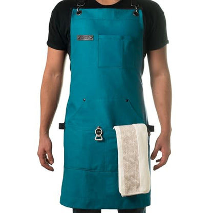 Asaya Chef and BBQ Apron with Bottle Opener and Hand Towel - 10oz Cotton Canvas, Stainless Steel Hardware - Cross Back Straps - color: Blue-green