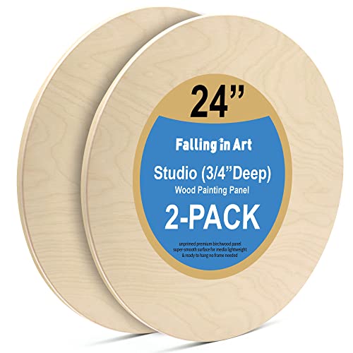 Falling in Art Unfinished Round Birch Wood Panels Kit for Painting, Wooden Canvas 2 Pack of 24 Studio 3/4" Deep, Cradle Boards for Pouring, Art, Crafts, Burning and More - size: 24' round 2 PACK