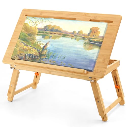 Nnewvante Drafting Table Bamboo Tabletop Easel Foldable Drawing Desk with Adjustable Height & Angle Drawing Board with Tablet and Phone Slots for Painting, Reading, Writing - color: Bamboo
