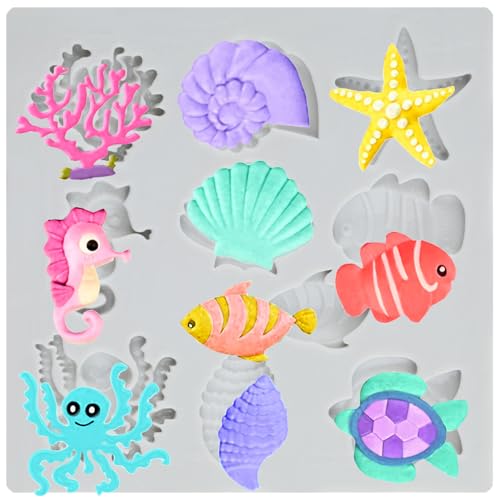 Ocean Animal Polymer Clay Molds Shell Starfish Octopus Turtle Coral Silicone Mold for DIY Crafts Epoxy Resin Casting Air Dry Polymer Clay Plaster Jewelry Making - color: Style E