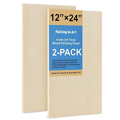 Falling in Art Unfinished Birch Wood Panels Kit for Painting, Wooden Canvas 2 Pack of 12x24’’ Studio 3/4’’ Deep, Cradle Boards for Pouring, Art, Crafts, Burning and More - size: 12'' x 24''