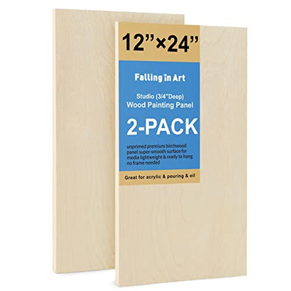 Falling in Art Unfinished Birch Wood Panels Kit for Painting, Wooden Canvas 2 Pack of 12x24’’ Studio 3/4’’ Deep, Cradle Boards for Pouring, Art, Crafts, Burning and More - size: 12'' x 24''