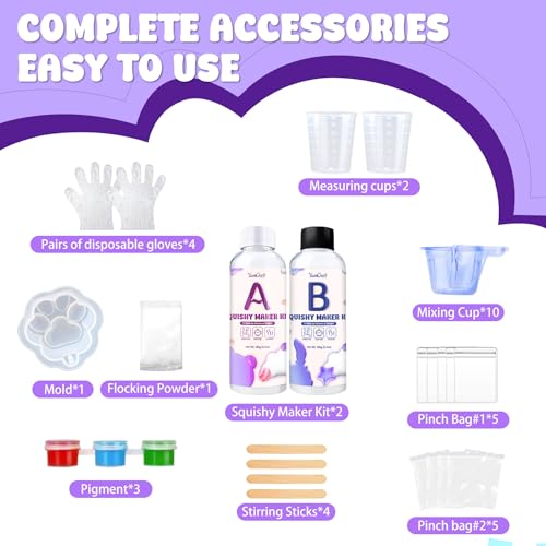 Liquid Silicone Taba Squishy Kit, 7oz 1:1 AB Ratio, Super Soft Fast Cure Silicone Rubber, Bubble Free DIY Squishy Maker with Cat's Paw Mold & Flocking Powder, Stress Relief Decompression Gift - color: 7oz